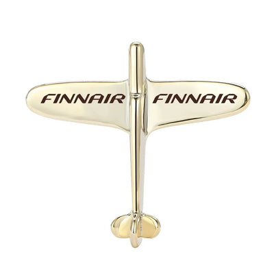 Side view of Finnair Airlines Airplane Shape aviation airplane-shape brooch in polished alloy, polished finish.