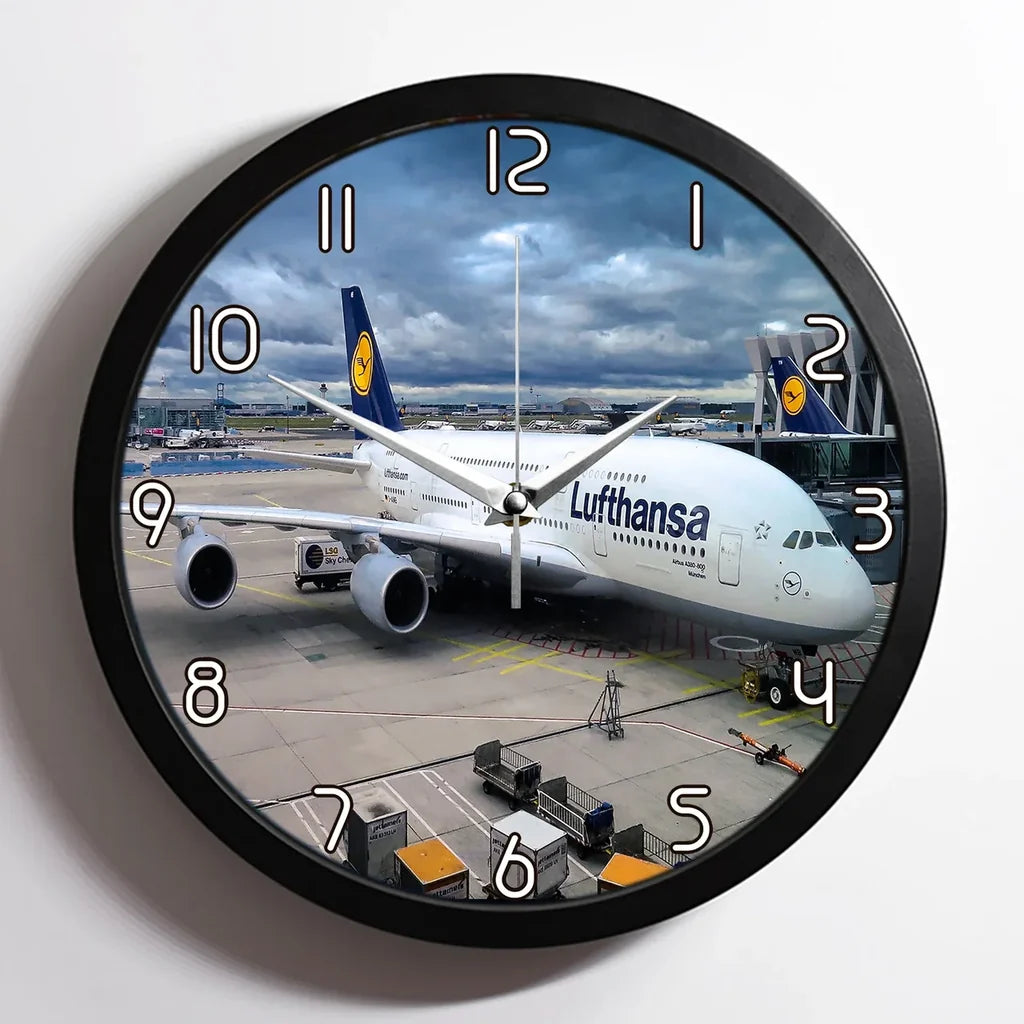 Lufthansa's A380 At the Gate aviation design on premium wood and metal wall clock.