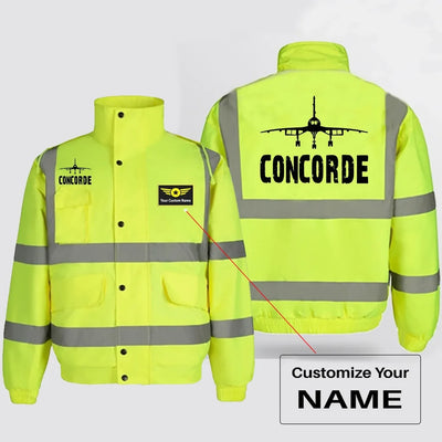 Concorde & Plane aviation design printed on insulated shell with high-visibility reflective panels reflective winter jacket.