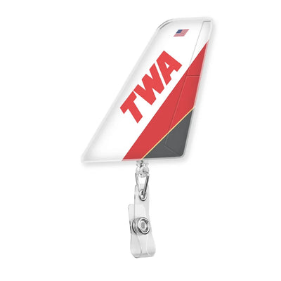 Trans World Airlines (TWA) aviation design on durable plastic with metal clip tail-shape retractable ID card badge.