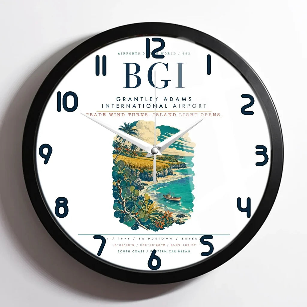 Grantley Adams International Airport (BGI) design on white framed wall clock