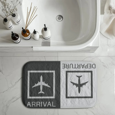 Arrivals & Departures 2 aviation print bath mat, soft absorbent fabric with non-slip backing.