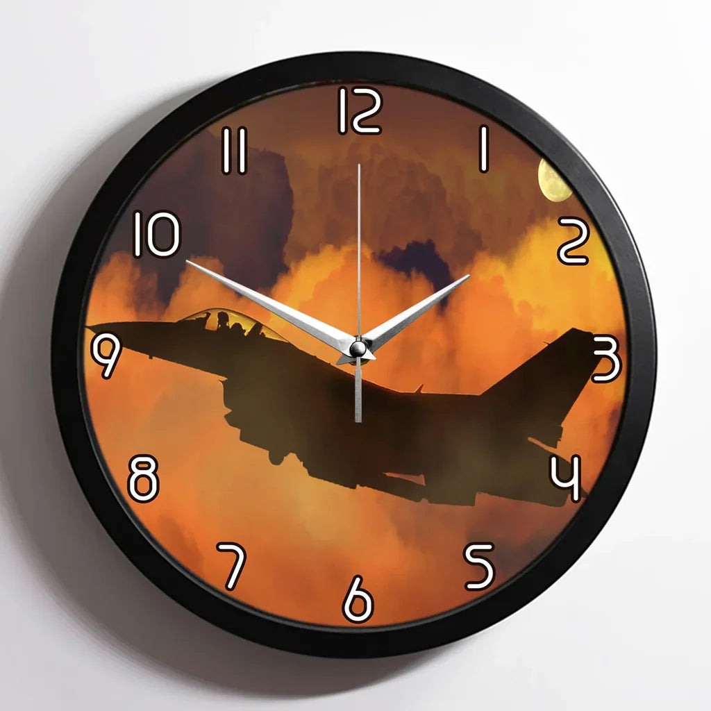 Departing Fighter Jet 16 aviation design on premium wood and metal wall clock.