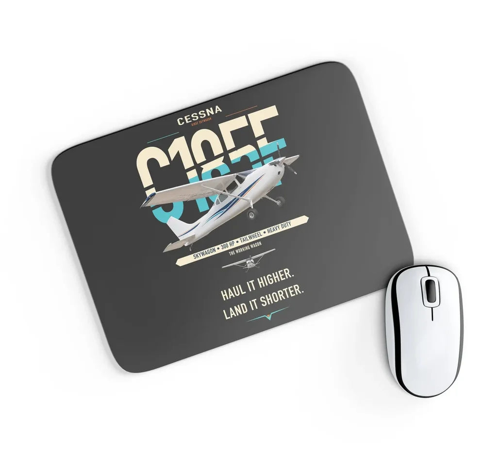 Cessna A185F Skywagon design on black rectangle mouse pad