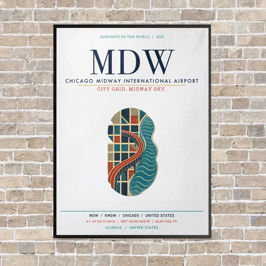 Chicago Midway International Airport MDW vertical canvas print - framed - white background