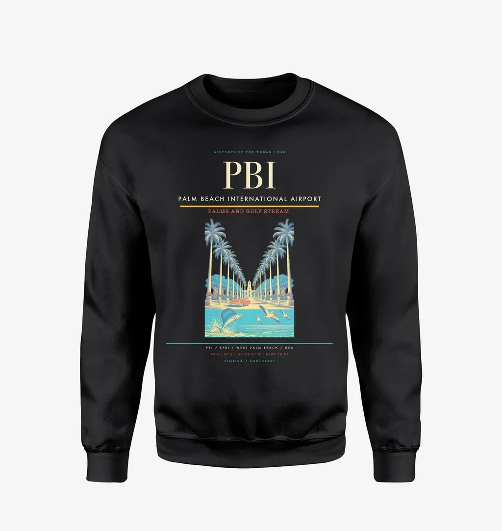 Palm Beach International Airport (PBI) design on black sweatshirt