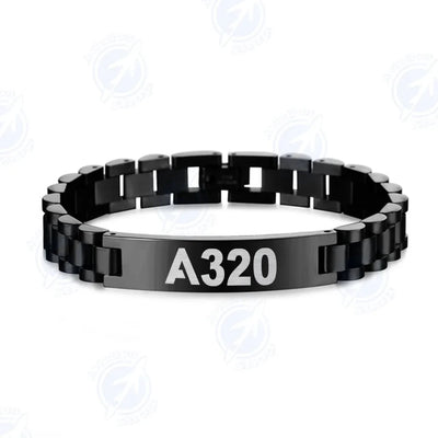 Airbus A320 Flat Text aviation chain bracelet, stainless steel body with engraved detail.