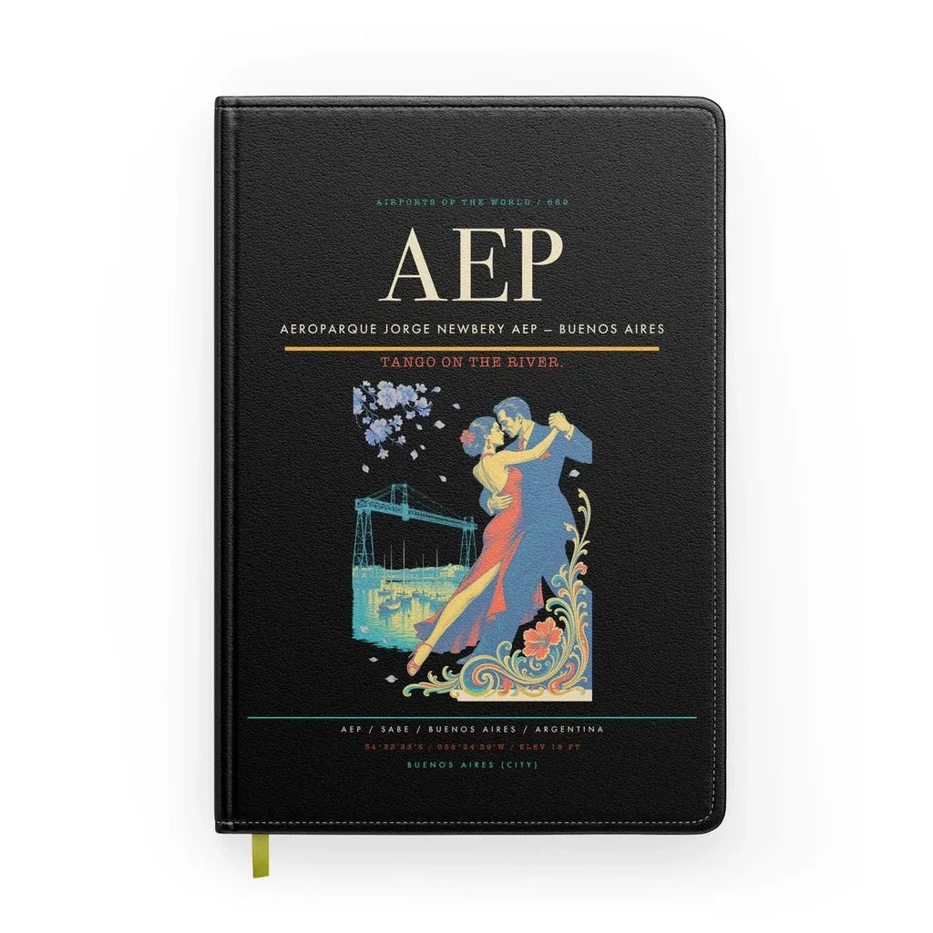 Aeroparque Jorge Newbery (AEP) design on black notebook