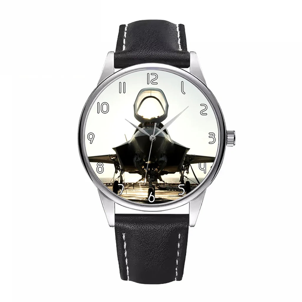 Fighter Jet 35 Printed aviation-themed watch with leather strap, polished leather strap.