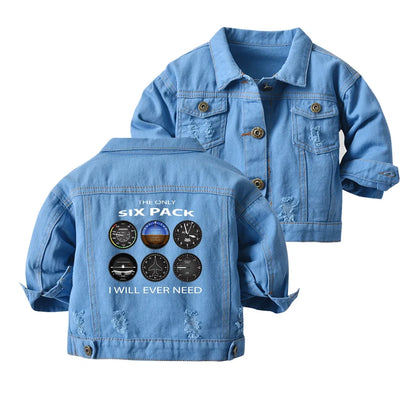 The Only Six Pack I Will Ever Need aviation design printed on classic denim with ribbed trim kids' denim jacket.