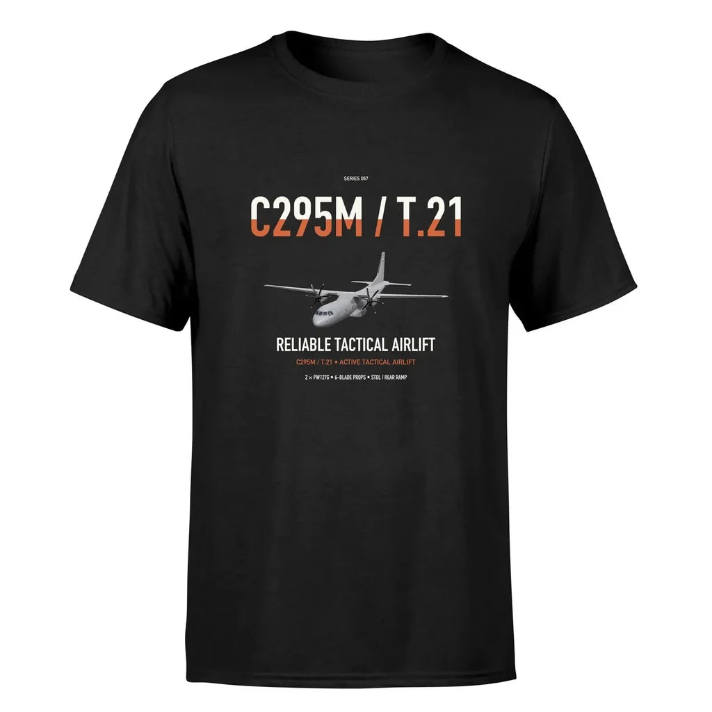 Airbus C295M T.21 design on black double-side t-shirt, single-side print