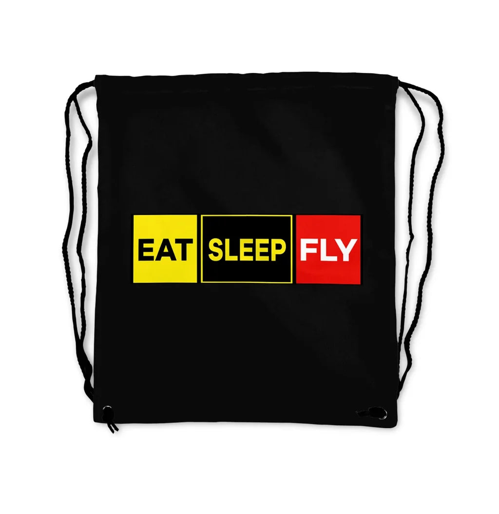 Eat Sleep Fly (Colourful) aviation drawstring bag in lightweight polyester.