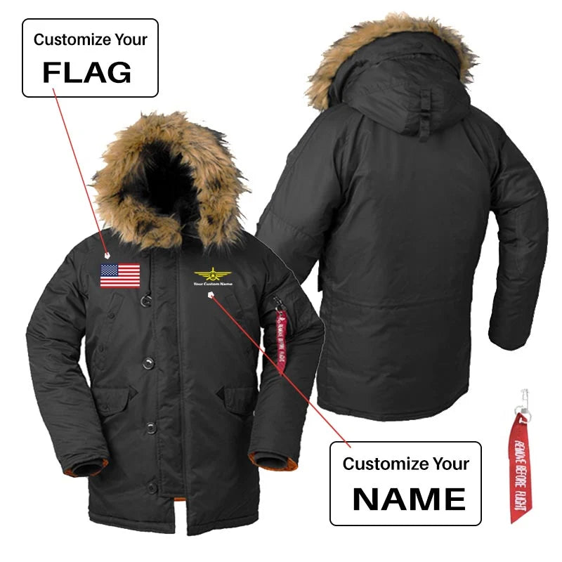 Custom Flag & Name with "Badge 3" aviation design printed on heavyweight shell with hooded warmth parka bomber.