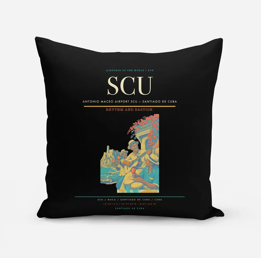 Antonio Maceo Airport (SCU) design on black pillow