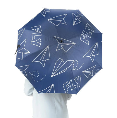 Paper Airplane & Fly (Blue) aviation design on windproof polyester umbrella.