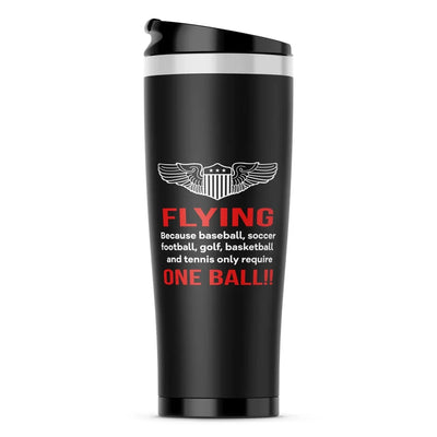 Flying One Ball aviation design on travel mug no-holder, insulated double-wall.