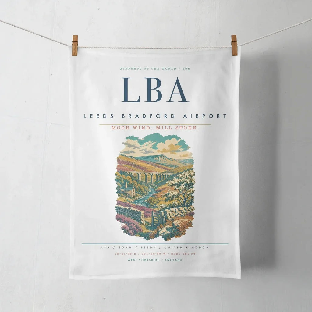 Leeds Bradford Airport (LBA) design on white towel