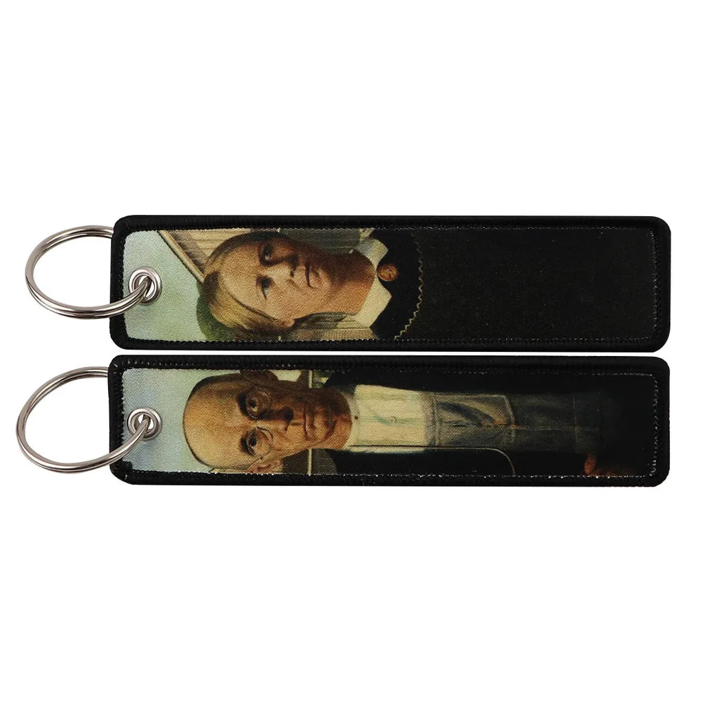 American Gothic aviation fashion key chain in polished metal.
