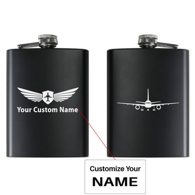 Boeing 757 Silhouette aviation design on stainless hip flask, compact pocket-size flask.