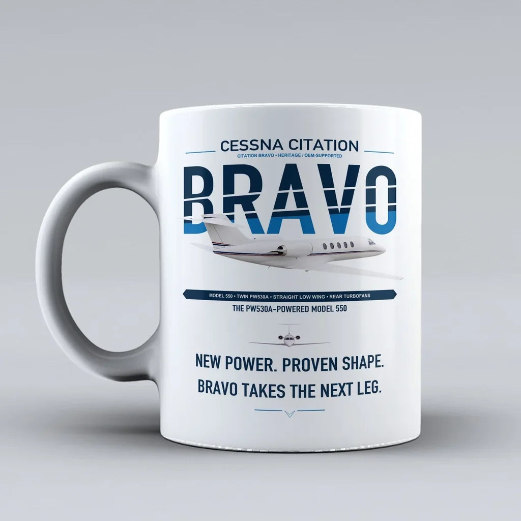 Cessna Citation Bravo design on white ceramic mug, double-side print