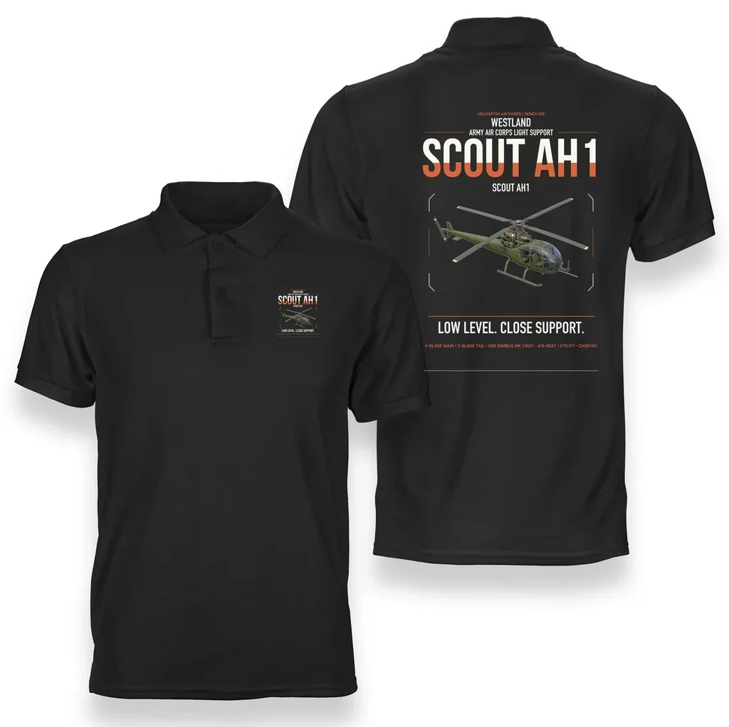 Westland Scout AH1 design on black double-side polo t-shirt, double-side print
