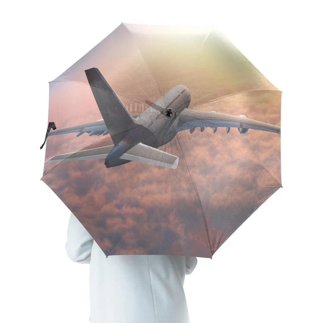 Super Cruising Airbus A380 over Clouds aviation design on windproof polyester umbrella.