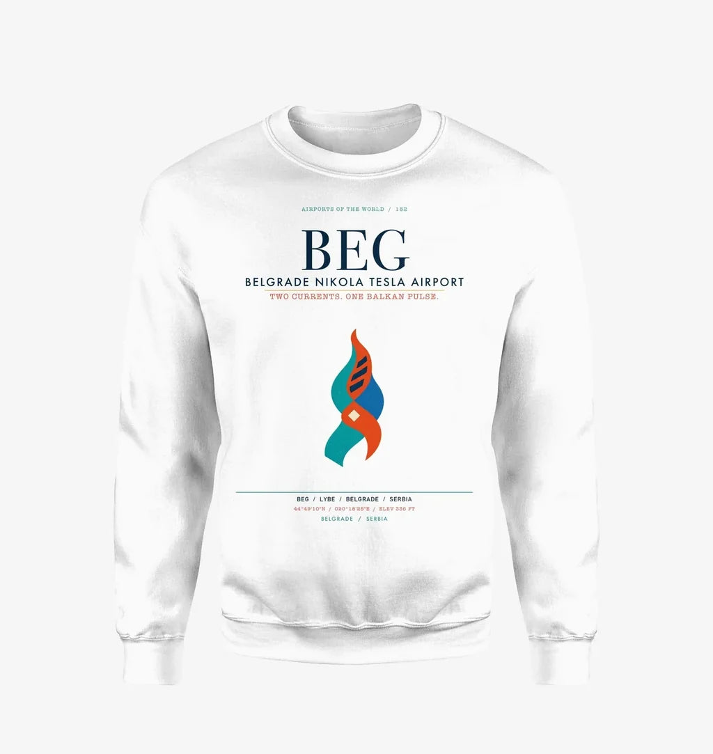Belgrade Nikola Tesla Airport (BEG) design on white sweatshirt