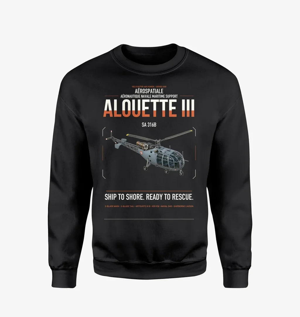 Aérospatiale SA 316B Alouette III design on black sweatshirt