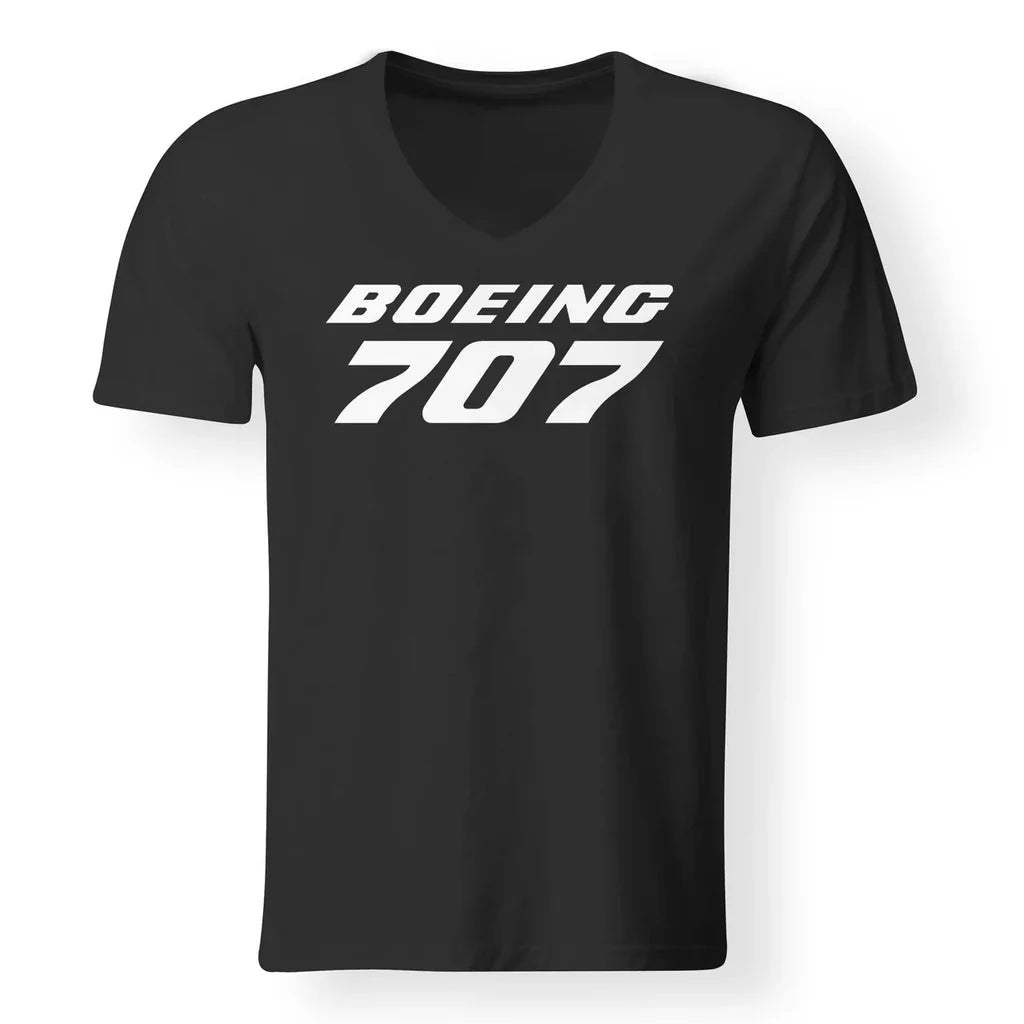 Boeing 707 & Text aviation design printed on soft cotton V-neck T-shirt.