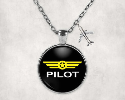 Pilot & Badge aviation-themed necklace, polished stainless steel.
