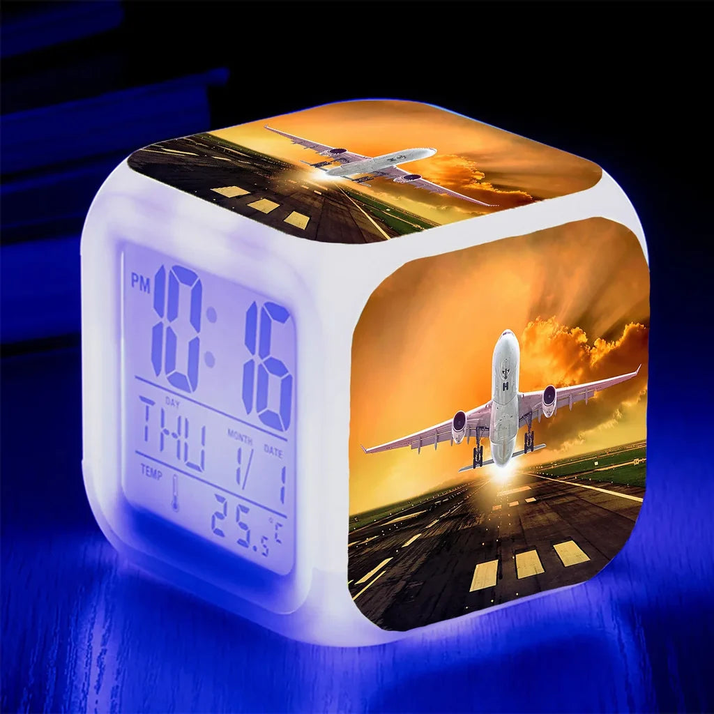 Amazing Departing Aircraft Sunset & Clouds Behind "7 Colour" Digital Alarm aviation design on premium wood and metal table clock.