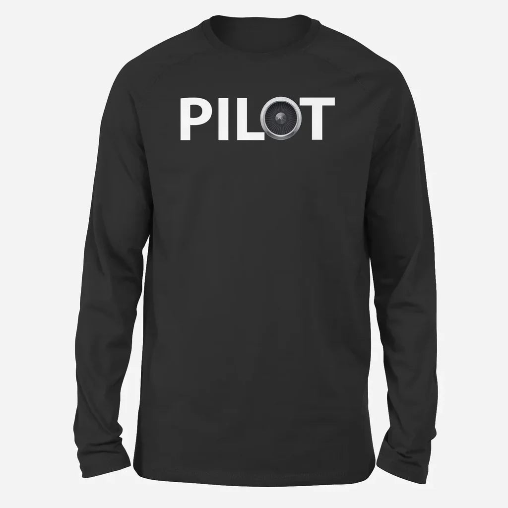 Pilot & Jet Engine Long-Sleeve aviation design printed on soft cotton long-sleeve T-shirt.