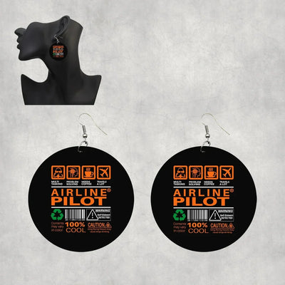 Side view of Airline Pilot Label aviation drop earrings in wood with metal hooks, polished finish.