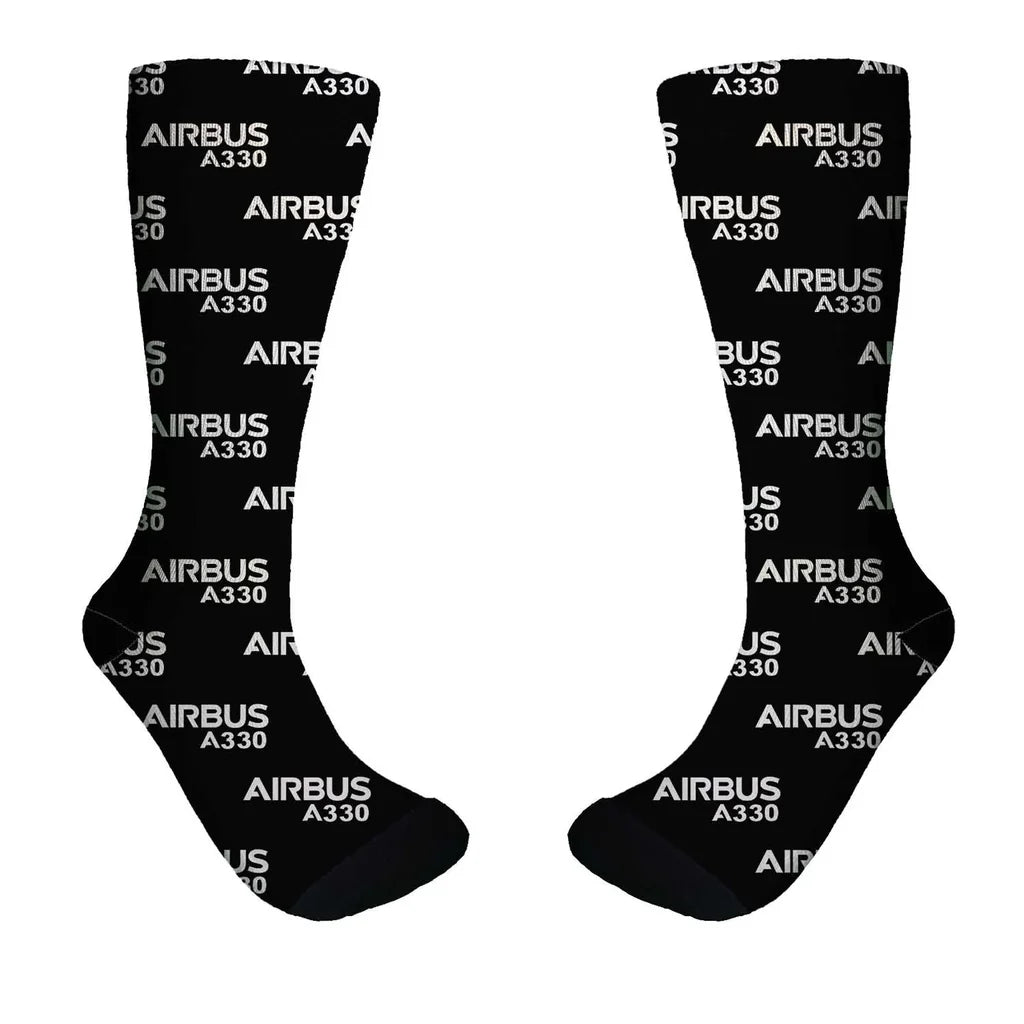 Airbus A330 & Text aviation design on soft cotton blend socks.