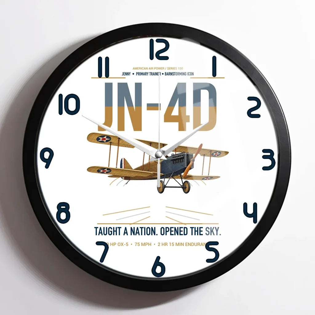 Curtiss JN-4D Jenny design on white framed wall clock