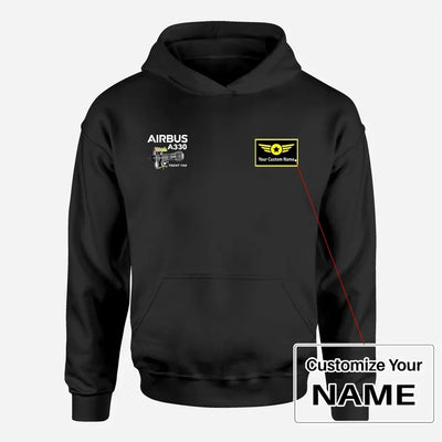 Airbus A330 & Trent 700 Engine aviation design on soft cotton blend men's hoodie with small chest logo.