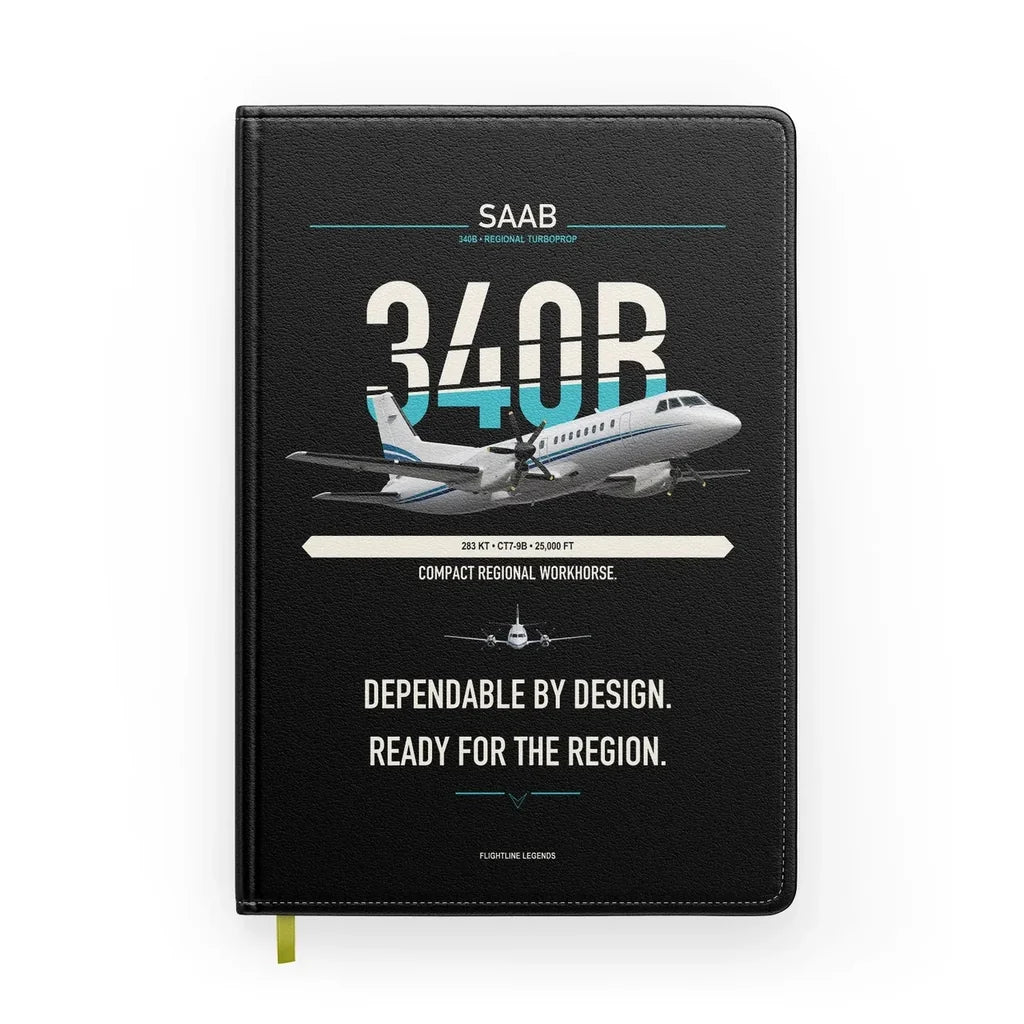 Saab 340B design on black notebook