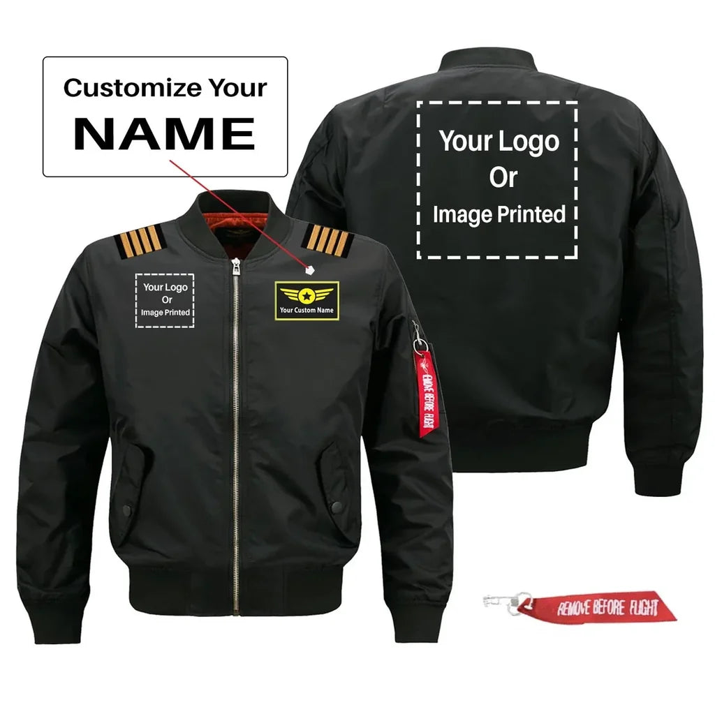 Custom Name & Double LOGO & EPAULETTES aviation design printed on comfortable shell with classic fit designed jacket.