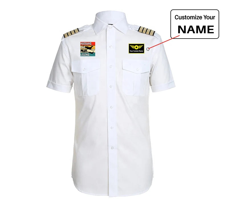 Husband & Dad & Pilot & Legend aviation design printed on crisp poplin cotton pilot uniform shirt.