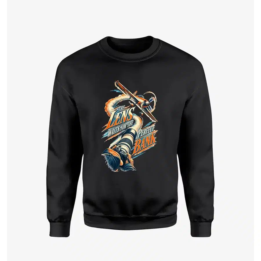 The Lens Waits For The Perfect Bank design on black sweatshirt