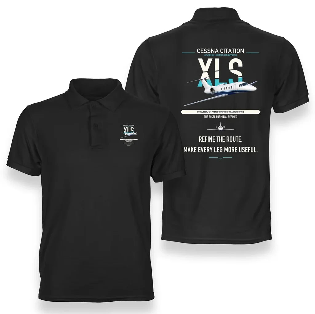 Cessna Citation XLS design on black double-side polo t-shirt, double-side print