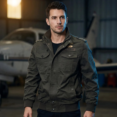 Pilot jacket on model — editorial