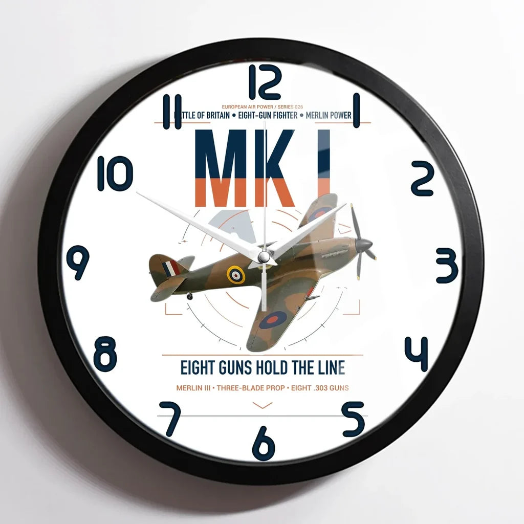 Hawker Hurricane Mk I design on white framed wall clock