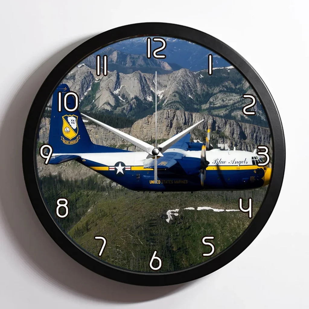 Amazing View with Blue Angels aviation design on premium wood and metal wall clock.