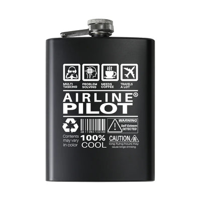 Airline Pilot Label aviation design on stainless hip flask, compact pocket-size flask.