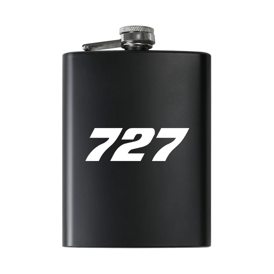 Boeing 727 Flat Text aviation design on stainless hip flask, compact pocket-size flask.
