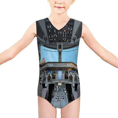 Embraer E190 Cockpit aviation print on kids quick-dry fabric swimsuit.