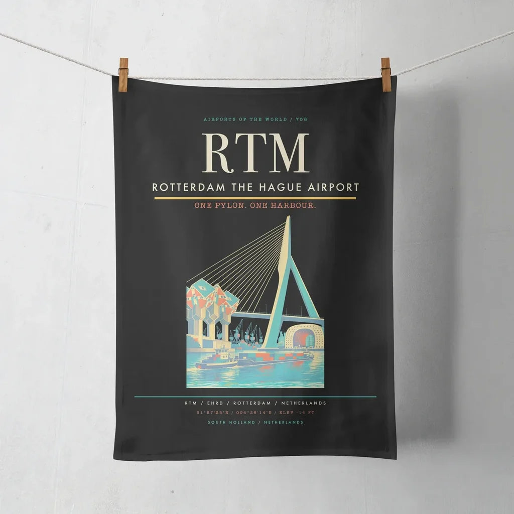 Rotterdam The Hague Airport (RTM) design on black towel