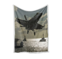 Thumbnail for Deparing Jet from Sea Base Bed Blankets & aviation print on soft fleece blanket.