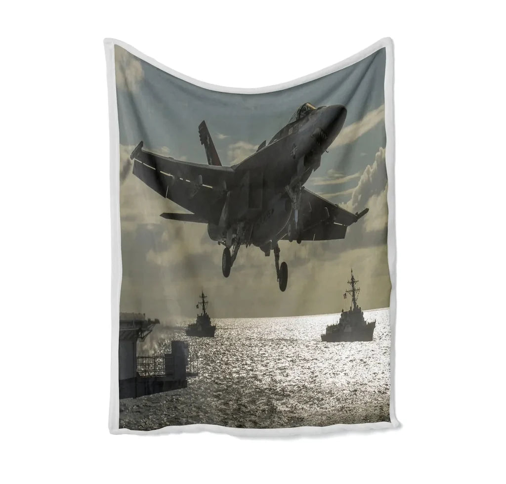 Deparing Jet from Sea Base Bed Blankets & aviation print on soft fleece blanket.
